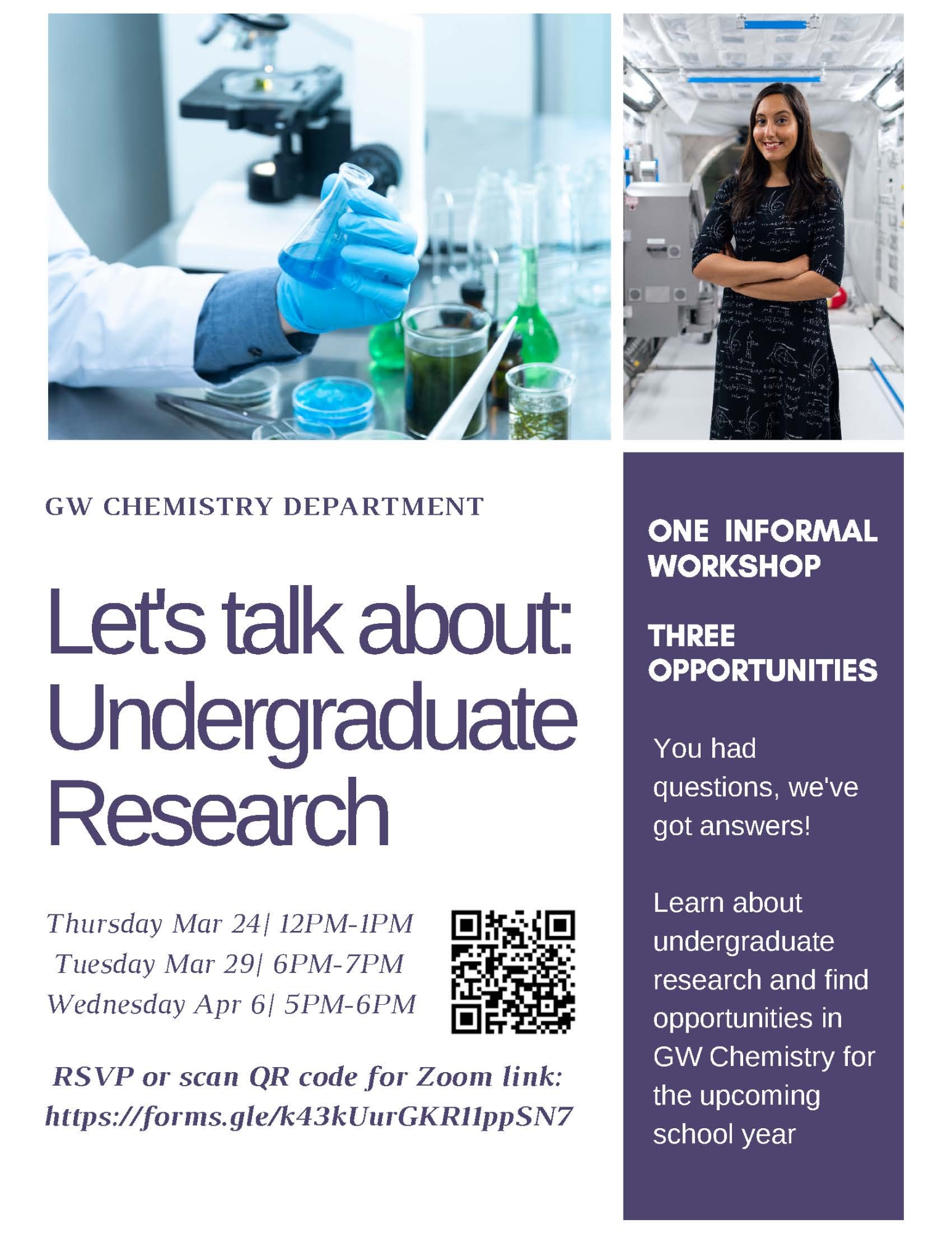 Flyer: Let's talk about undergraduate research; details of events (click image for event details and RSVP)