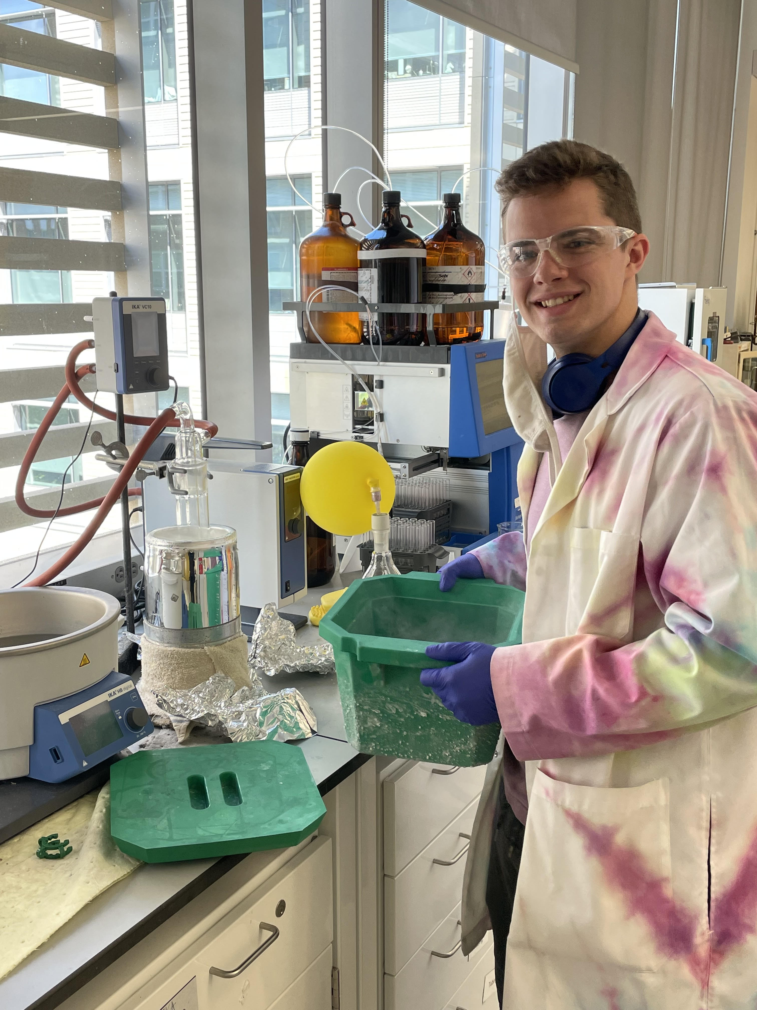 Undergraduate Researcher Spencer Bystrom, recipient of the Madeleine Reines Jacob award in a research lab