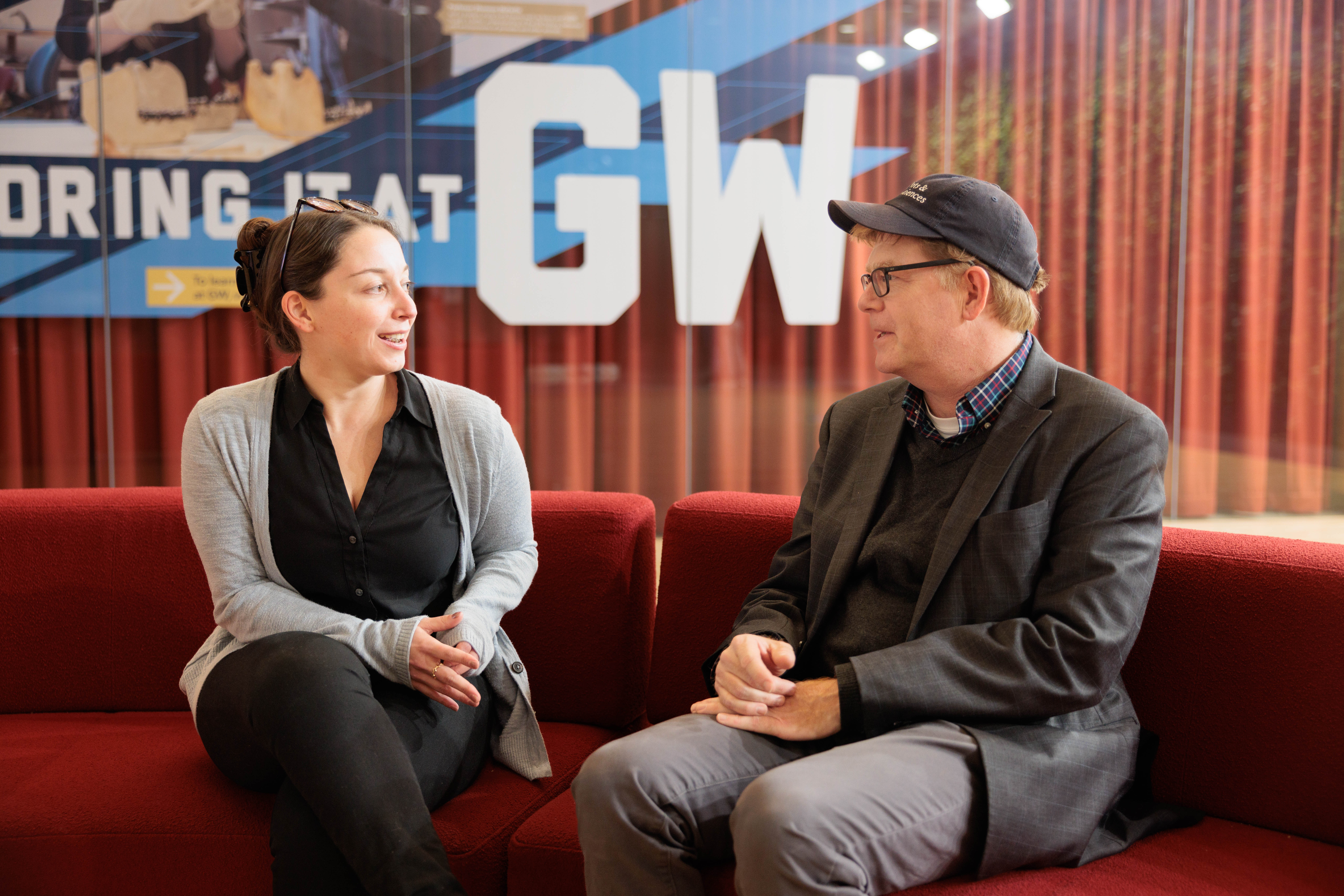 GW Chemistry Alumnus chatting with Dr. Cahill after her seminar
