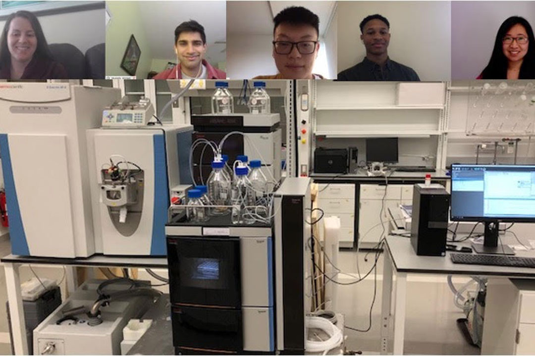 Individual video screens of a group of students on a Zoom call, with the host screen showing the Hao chemistry lab