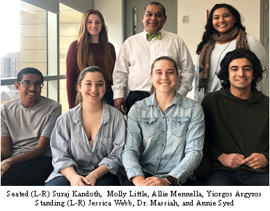 Seated (L-R): Suraj Kandoth, Molly Little, Allie Mennella, Yiorgos Argyros. Standing (L-R): Jessica Webb, Dr. Massiah and Annie Syed