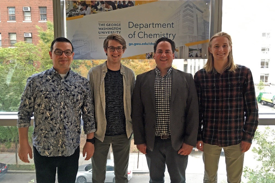(L-R) Felipe Montecinos, Post-Doctoral Scientist; Justin Hachey, undergraduate researcher, Erik A. Rodriguez, Assistant Professor; and Jack Conlon, undergraduate researcher.