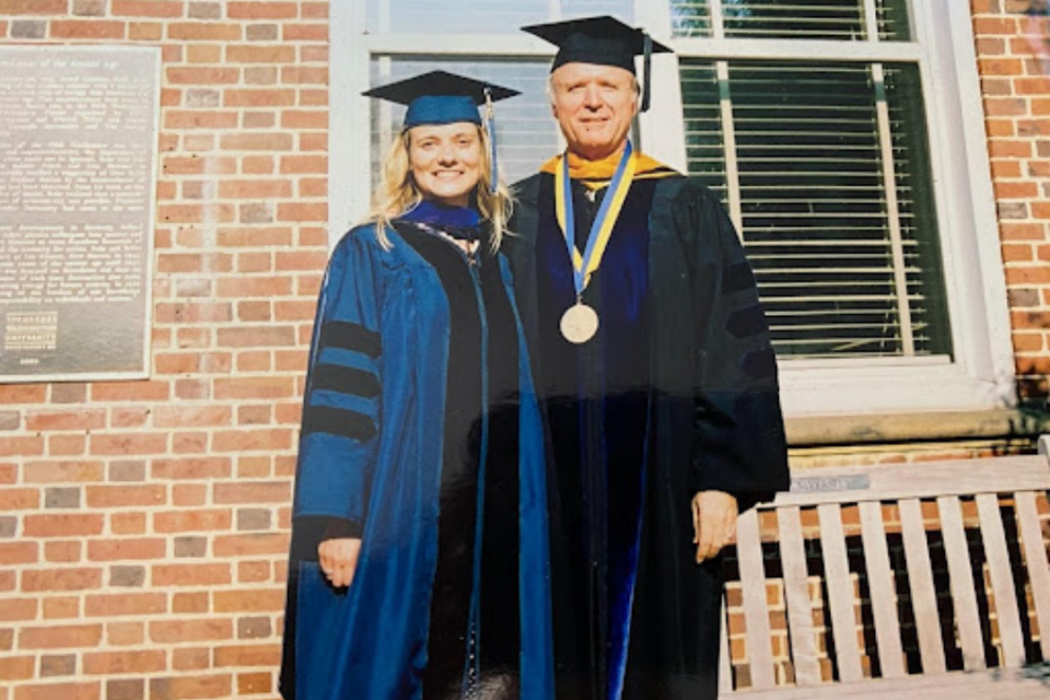 Energy scientist Maggie Teliska, PhD ’04, (left) with her faculty mentor Professor of Chemistry David Ramaker (right), who passed away in 2016.