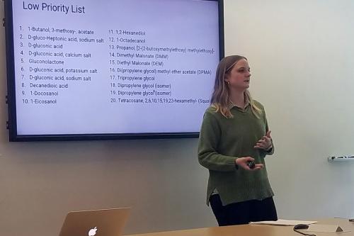 GW master's student Rebekah Brucato outlines the 20 low-priority chemicals to participating faculty, government and industry stakeholders and NGOs