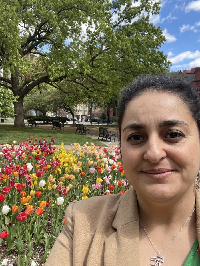 Professor Falcao in front of a field of Tulips