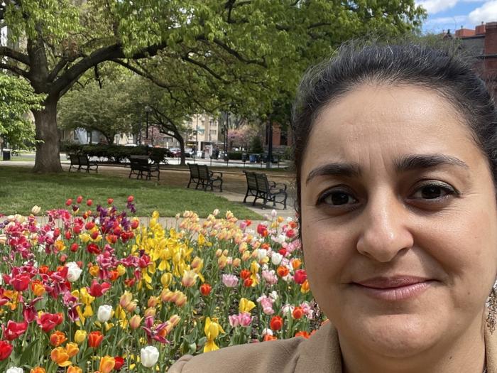 Professor Falcao in front of a field of Tulips